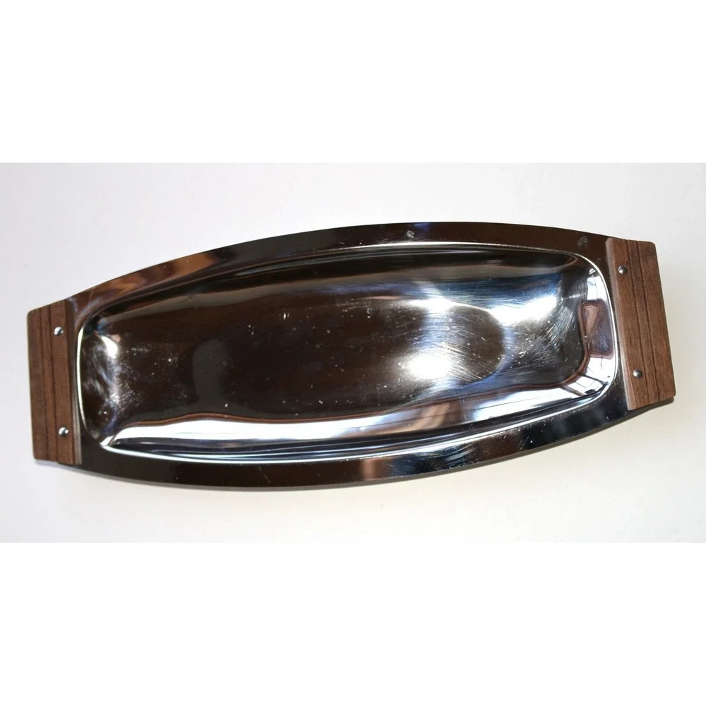 Vintage Chrome Kromex Serving Tray with‎ Wood Handles Original Label